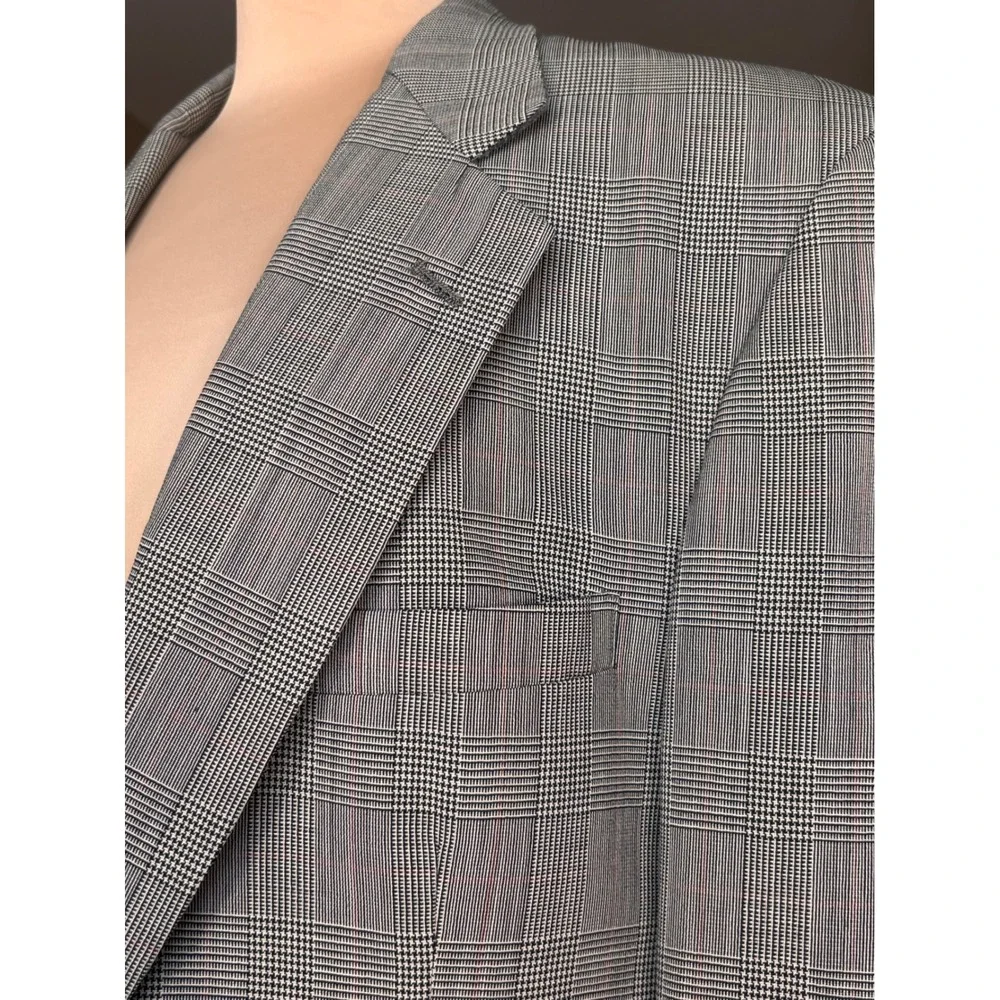 Vintage Woolmark Pure Wool Glen Plaid Blazer Jacket Grey Men 46L 23x34 Preppy